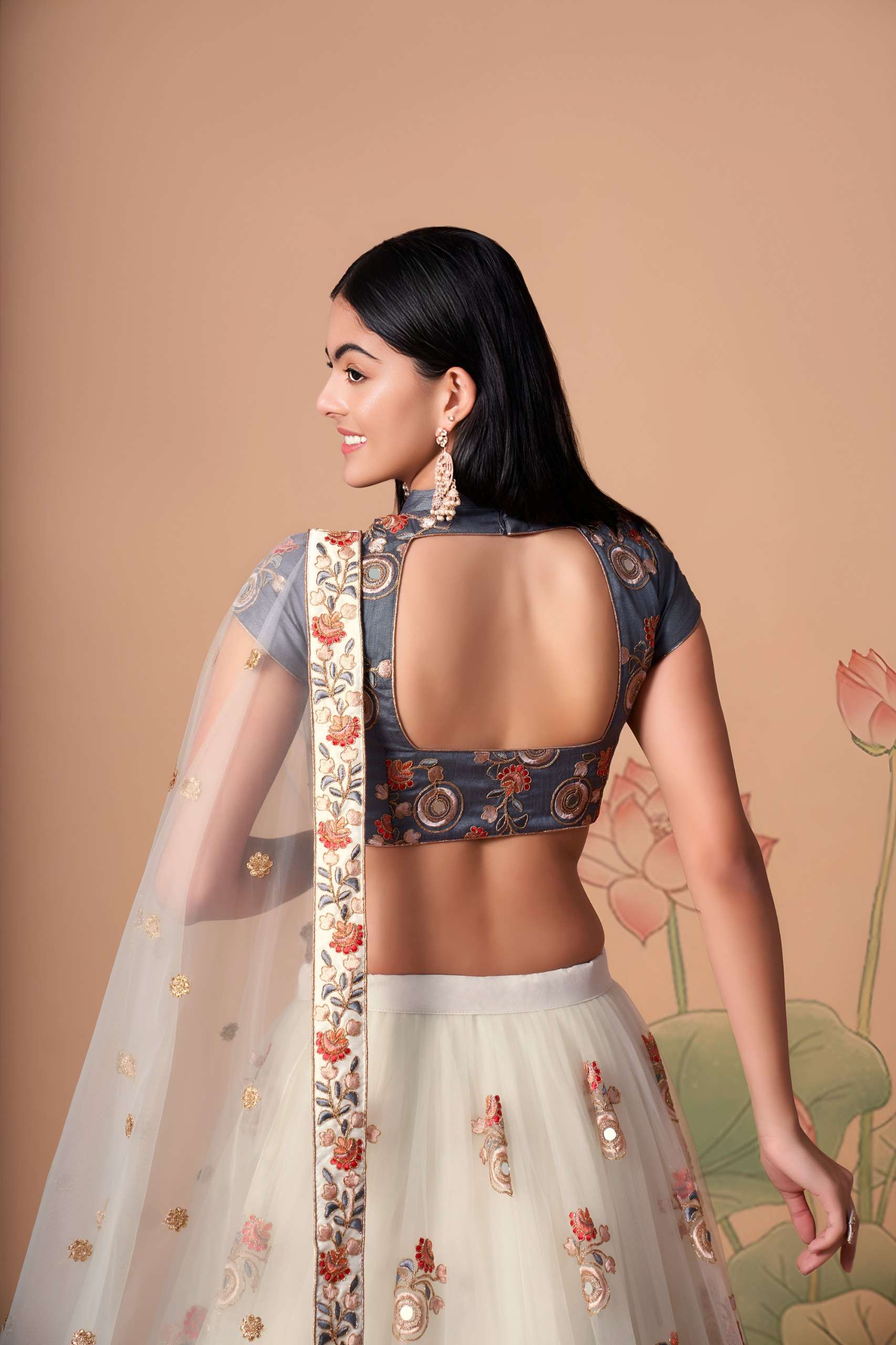 Ivory & Slate Grey Floral and Mirror work on net Lehenga Choli supplier in surat 7322 Off White  